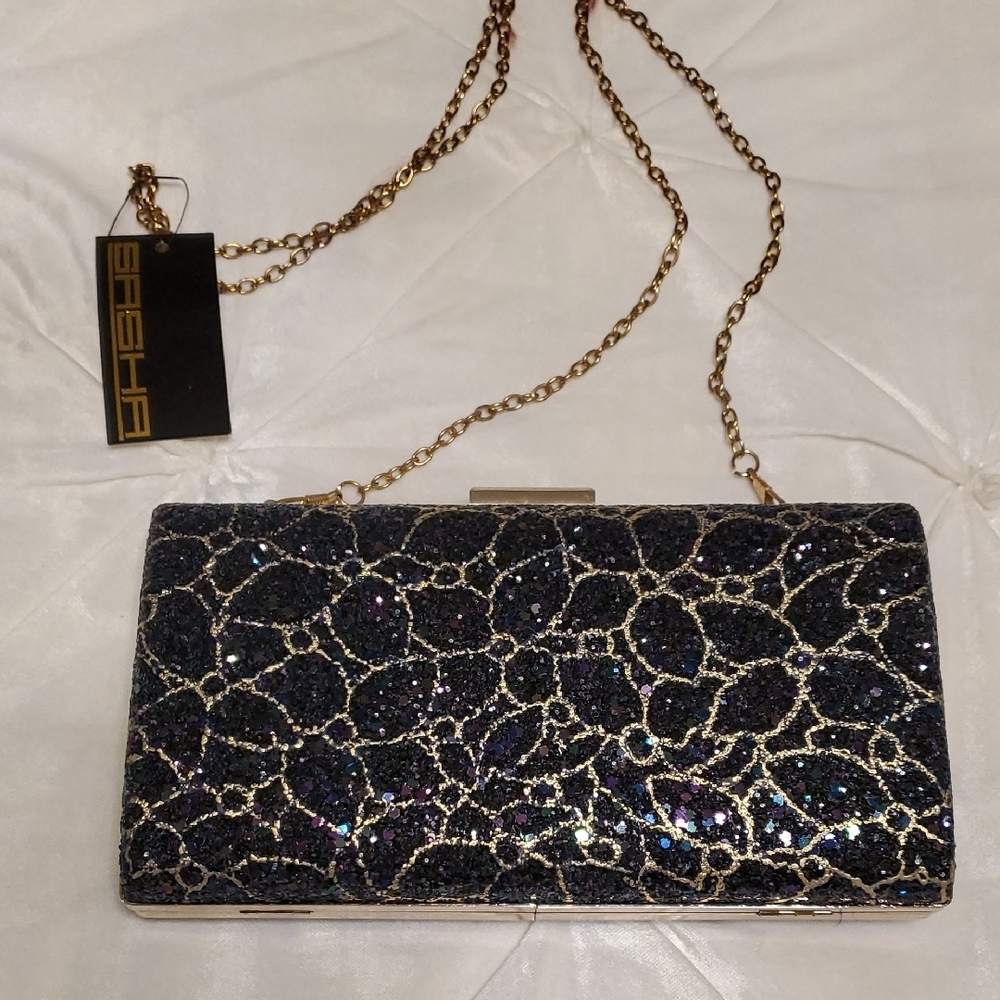Black and Gold Glitter Clutch Bag